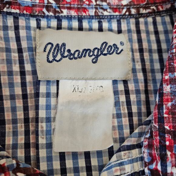VINTAGE Wrangler Pearl Snap Western Rose Blue Long Sleeve Shirt Size XL Plaid - Picture 11 of 12